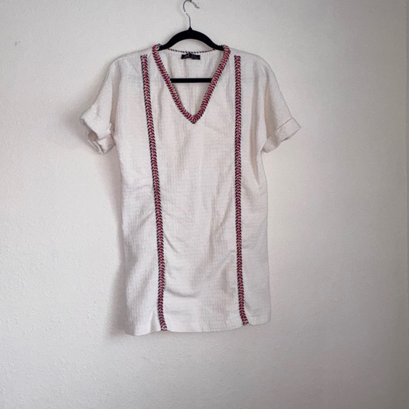 Zara Dresses & Skirts - Zara TRF White Textured V-Neck Tunic Dress Braided Trim Red Navy Blue Small